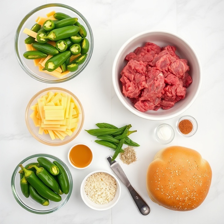 Ground beef, jalapeños, cheddar cheese, burger buns, and seasonings arranged on a wooden surface