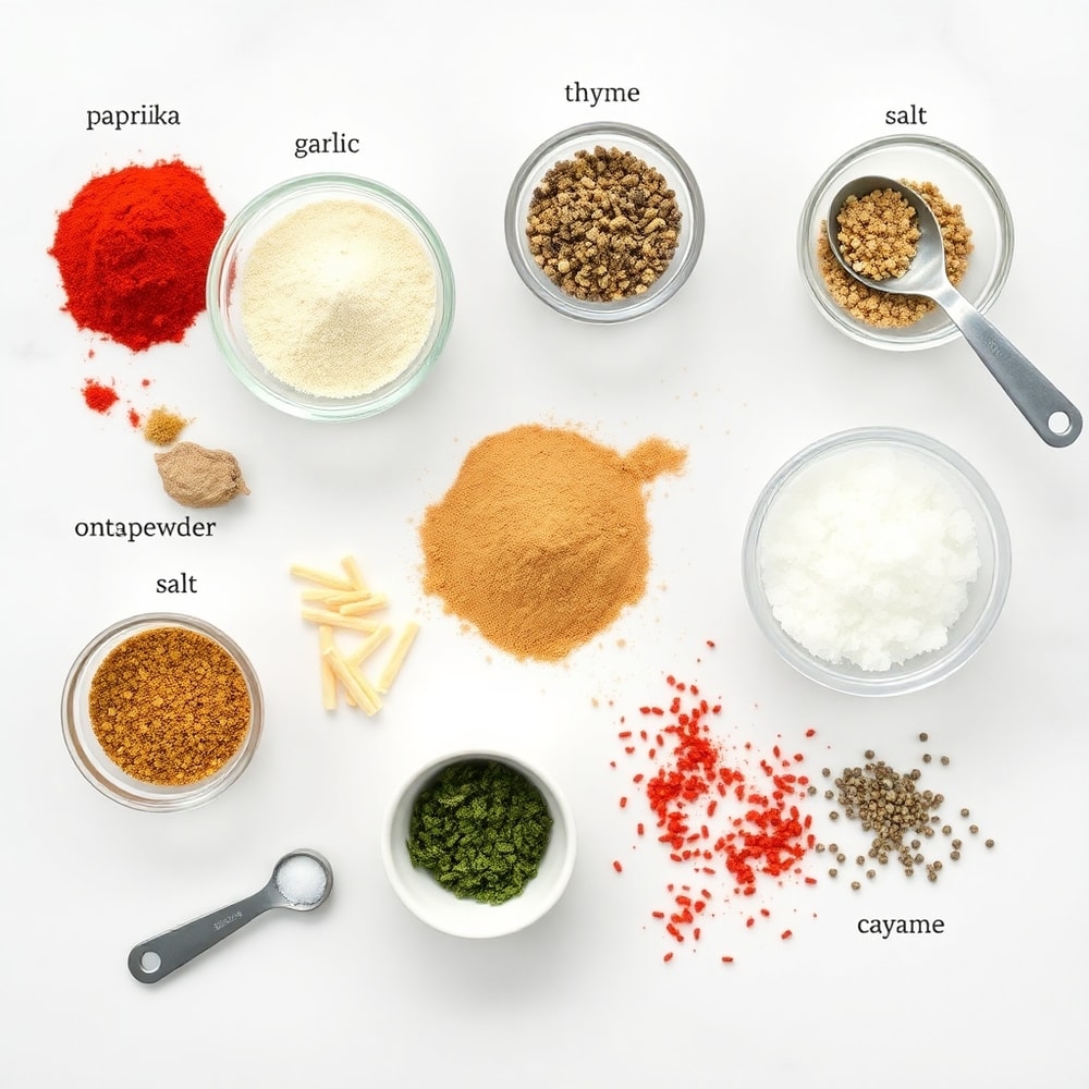 Raw ingredients for crispy chicken seasoning in a flat lay