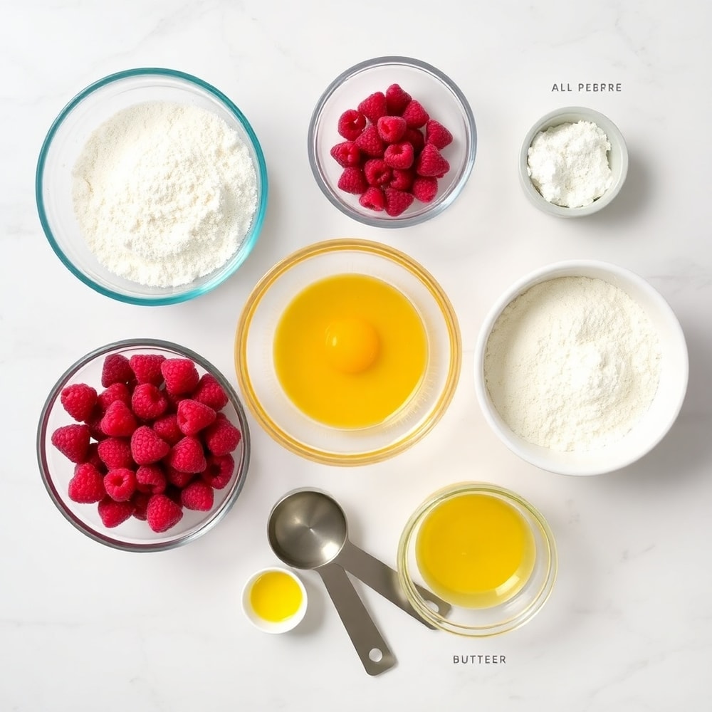 Raspberry Bread ingredients on a marble surface