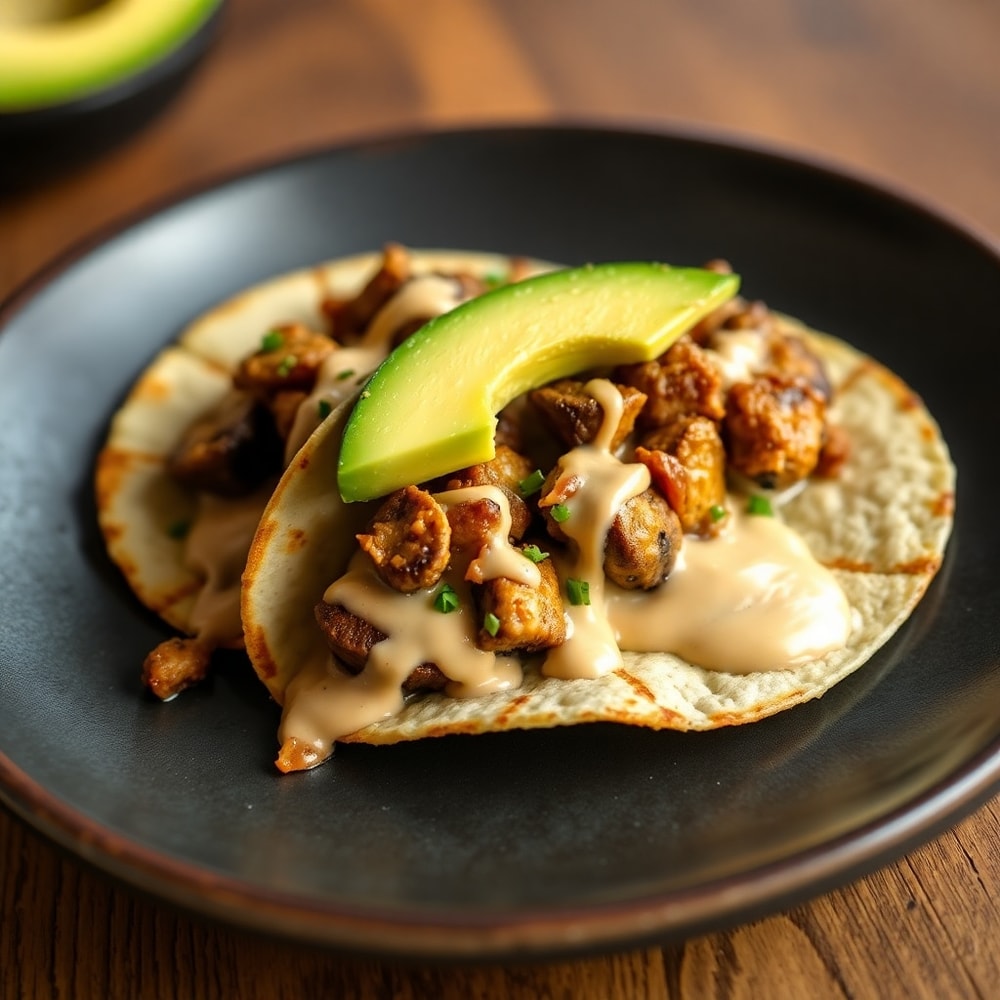 Plated mushroom tacos with avocado