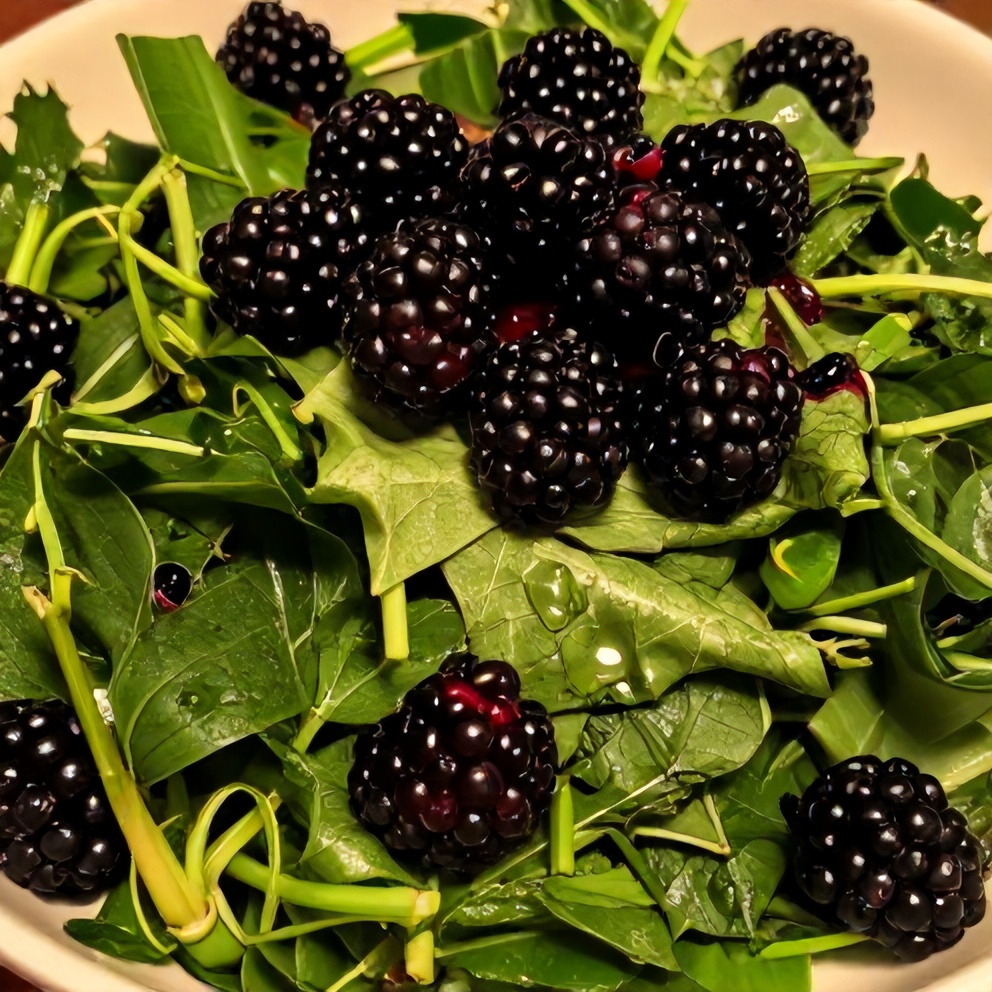 Green salad with blackberry vinaigrette and fresh blackberries