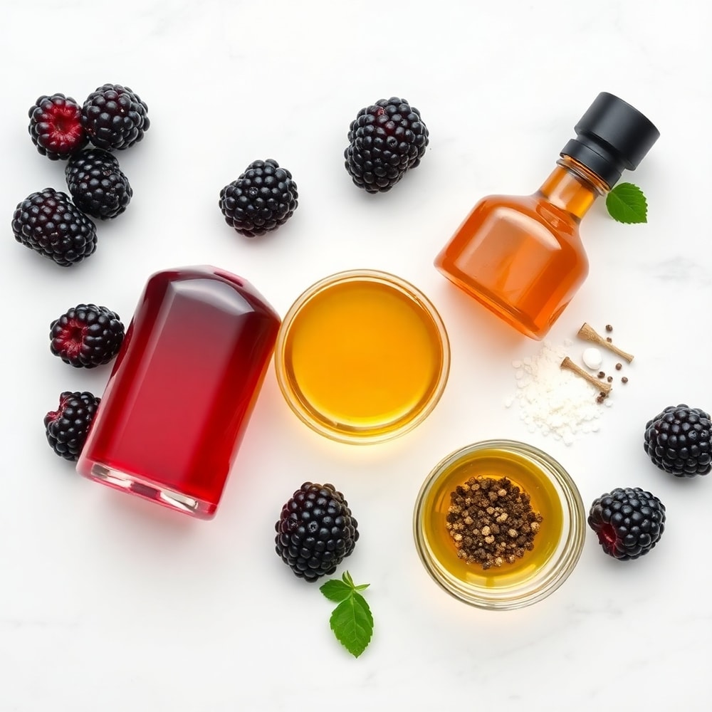 Blackberries, vinegar, honey, and olive oil arranged on a wooden surface