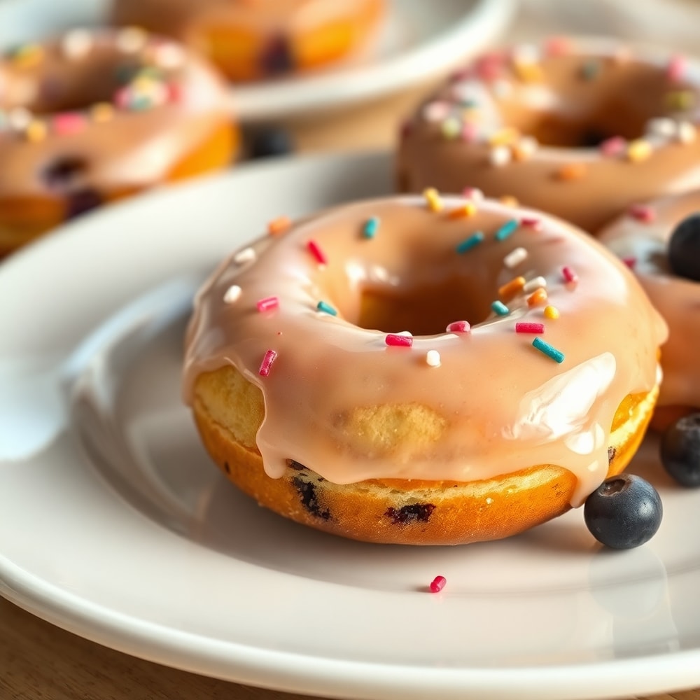 Blueberry cake donuts with glaze on a white plate