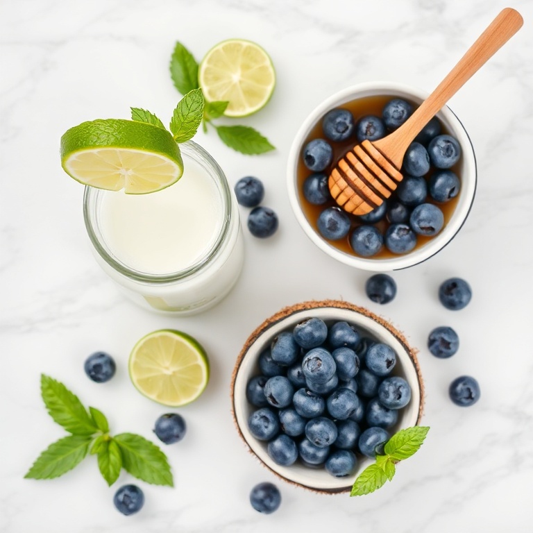 Blueberries, coconut water, lime, and honey on a wooden surface