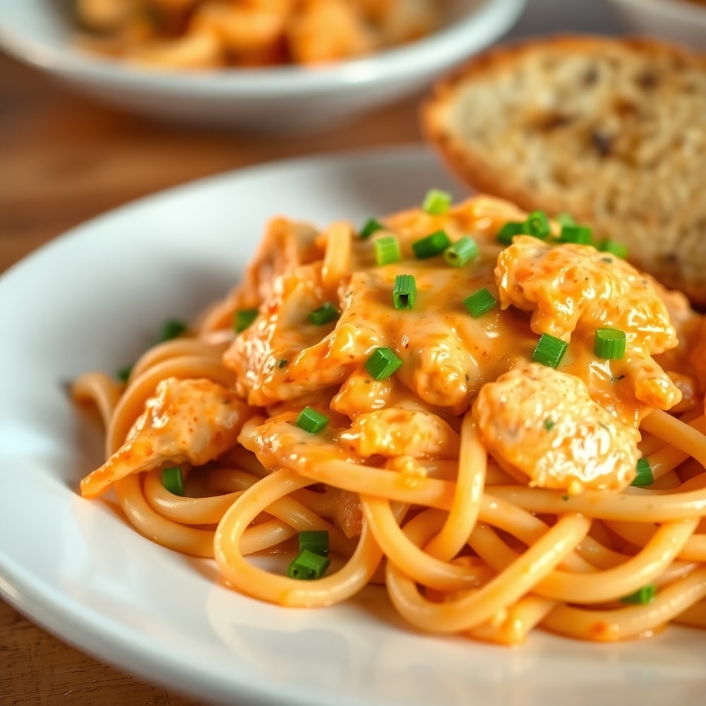 Plated buffalo chicken pasta with a side of garlic bread, close-up of cheesy, spicy pasta with chicken and vegetables
