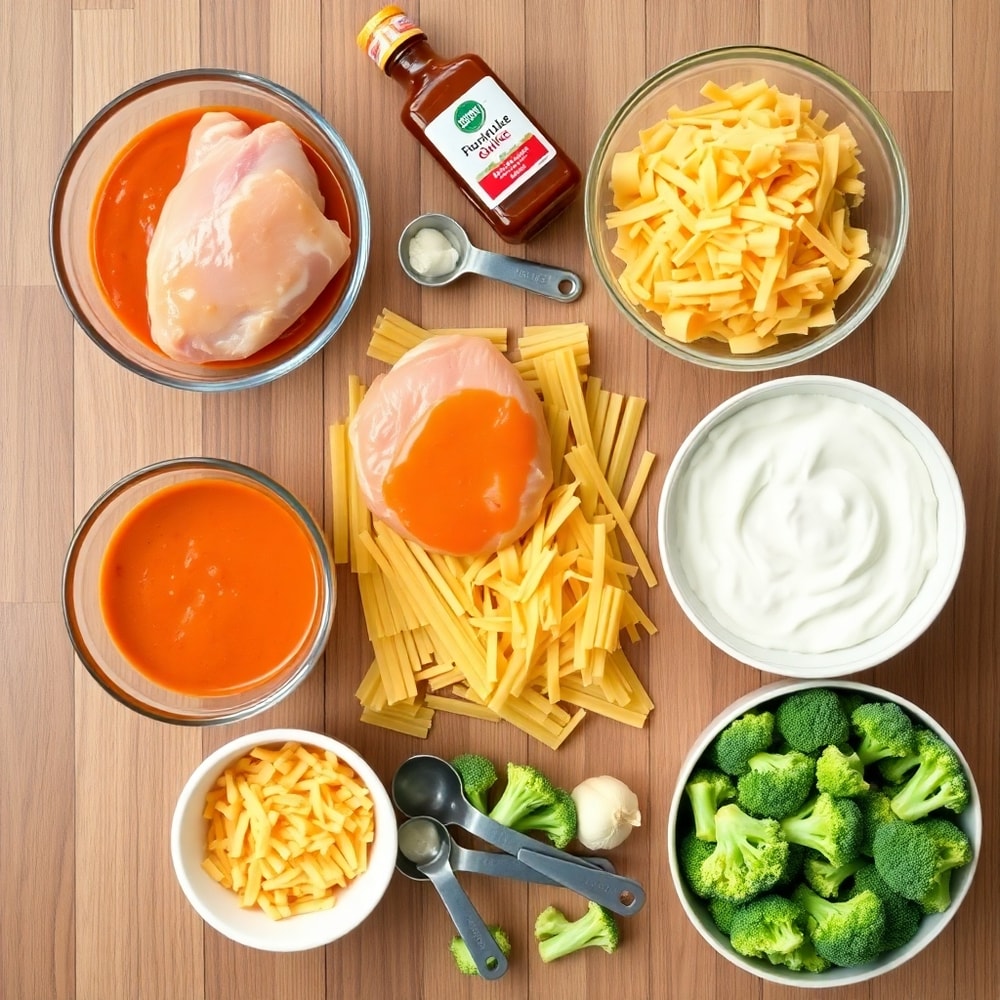 Raw ingredients for buffalo chicken pasta laid out on a wooden surface, including chicken, pasta, buffalo sauce, and cheese