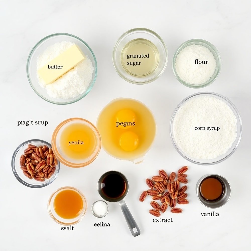 Raw ingredients for Canada Day Butter Tart Bars laid out on a marble countertop