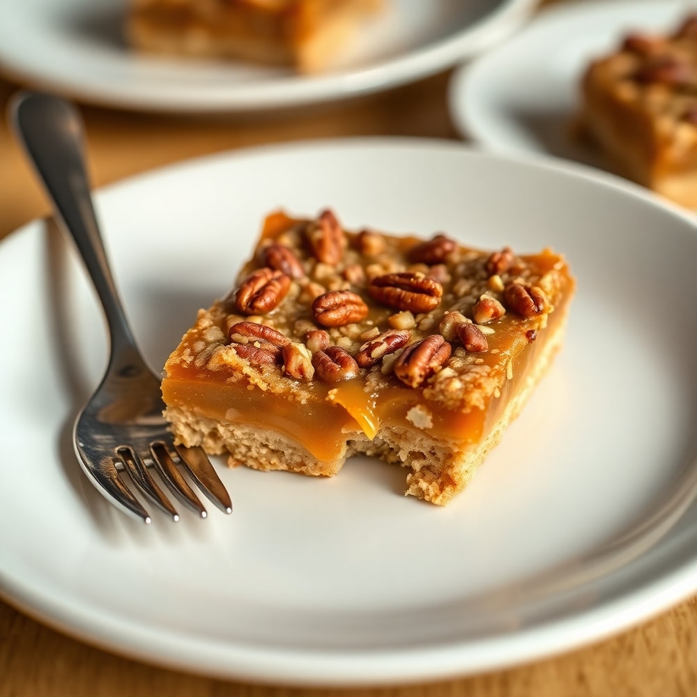 Caramel crush bars on a serving plate with a spoon