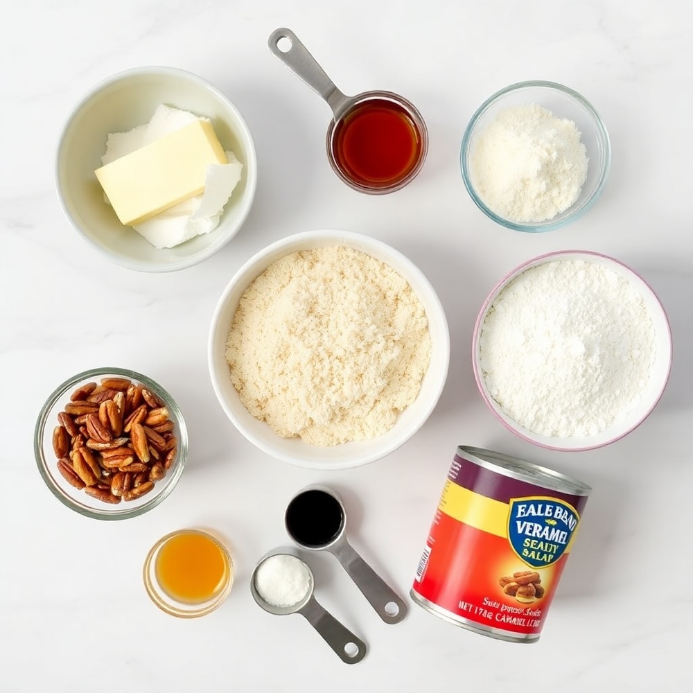 Ingredients for caramel crush bars on a marble surface
