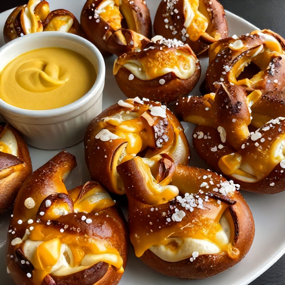 Plated cheese stuffed pretzels with mustard dipping sauce