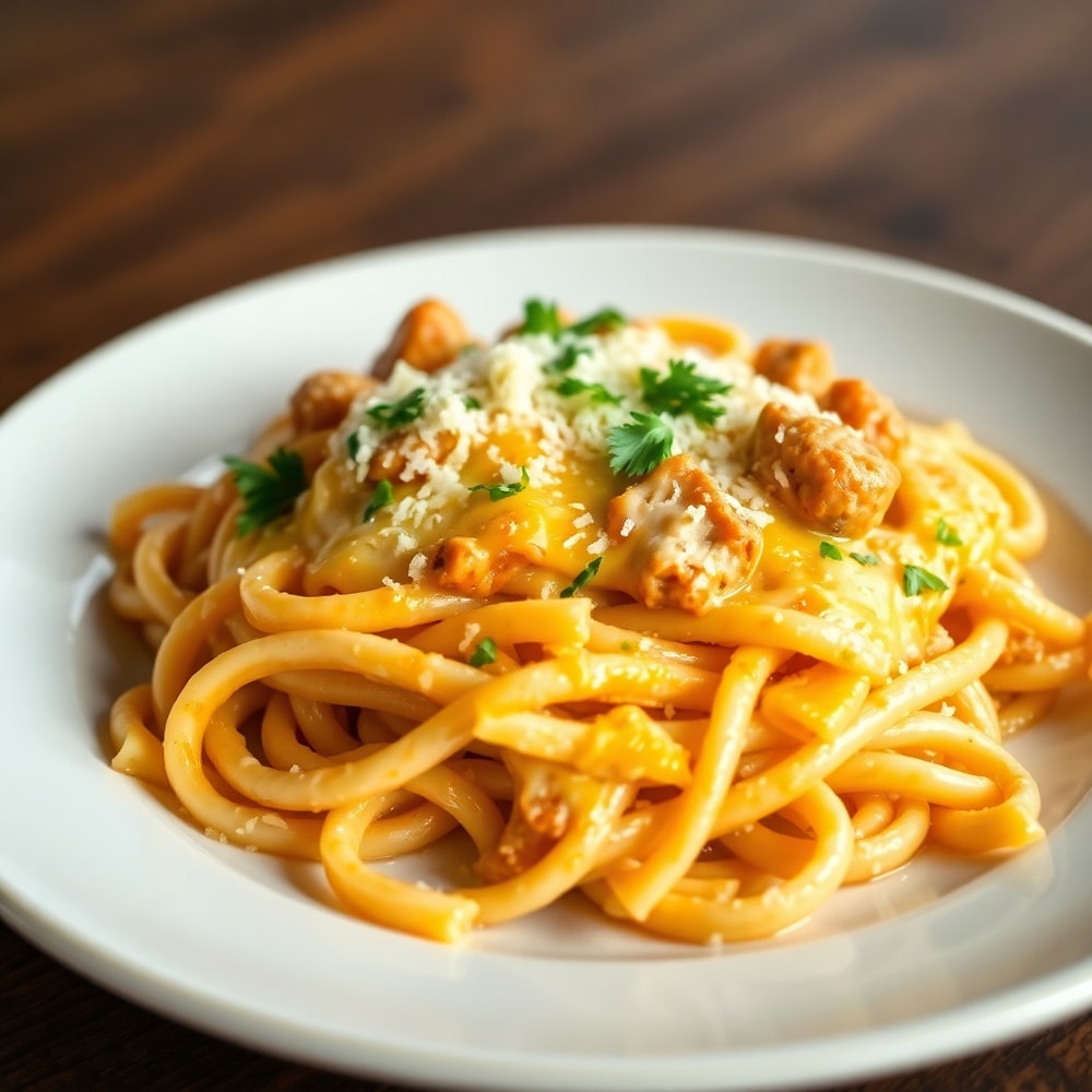 Plated Cheesy Chicken and Sausage Pasta