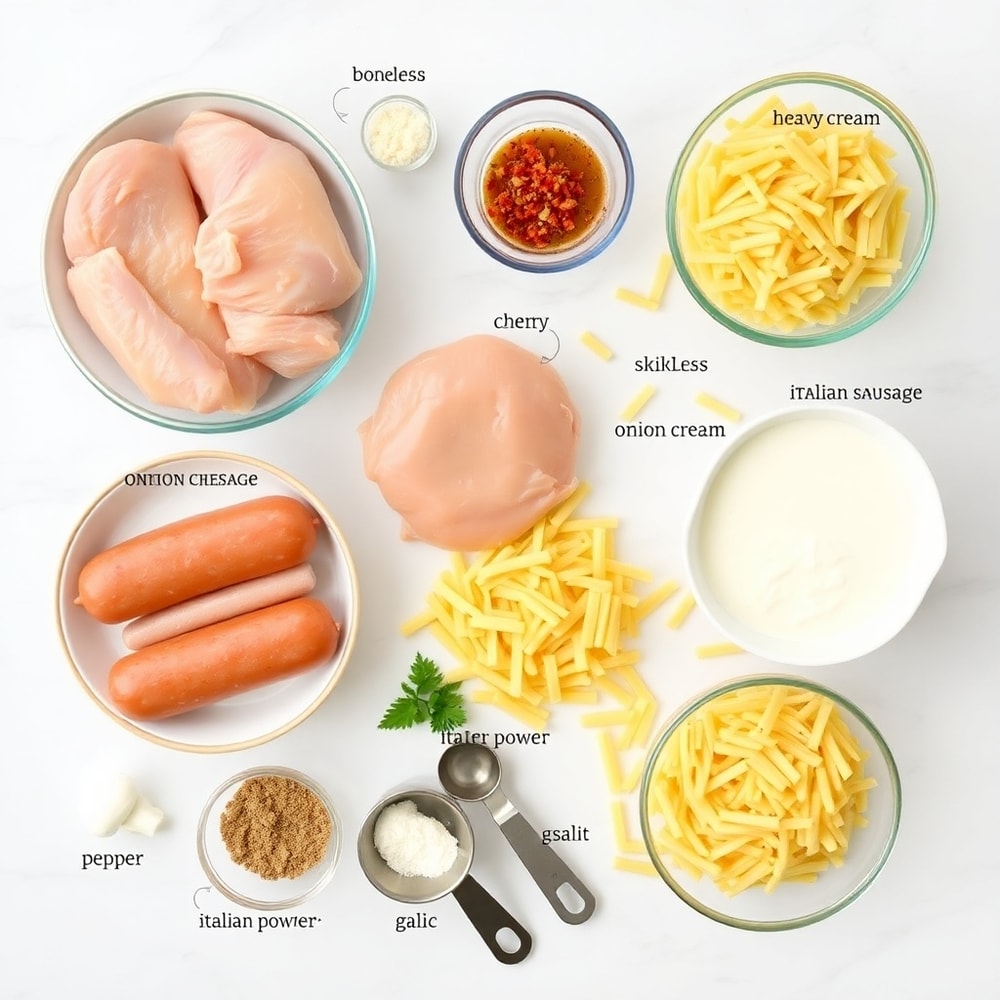 Raw Ingredients for Cheesy Chicken and Sausage Pasta
