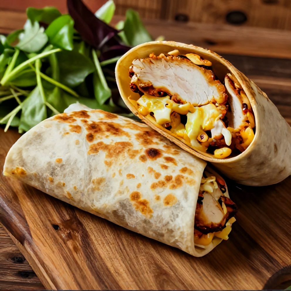 Plated cheesy garlic chicken wrap on a rustic wooden table, with a side of mixed greens