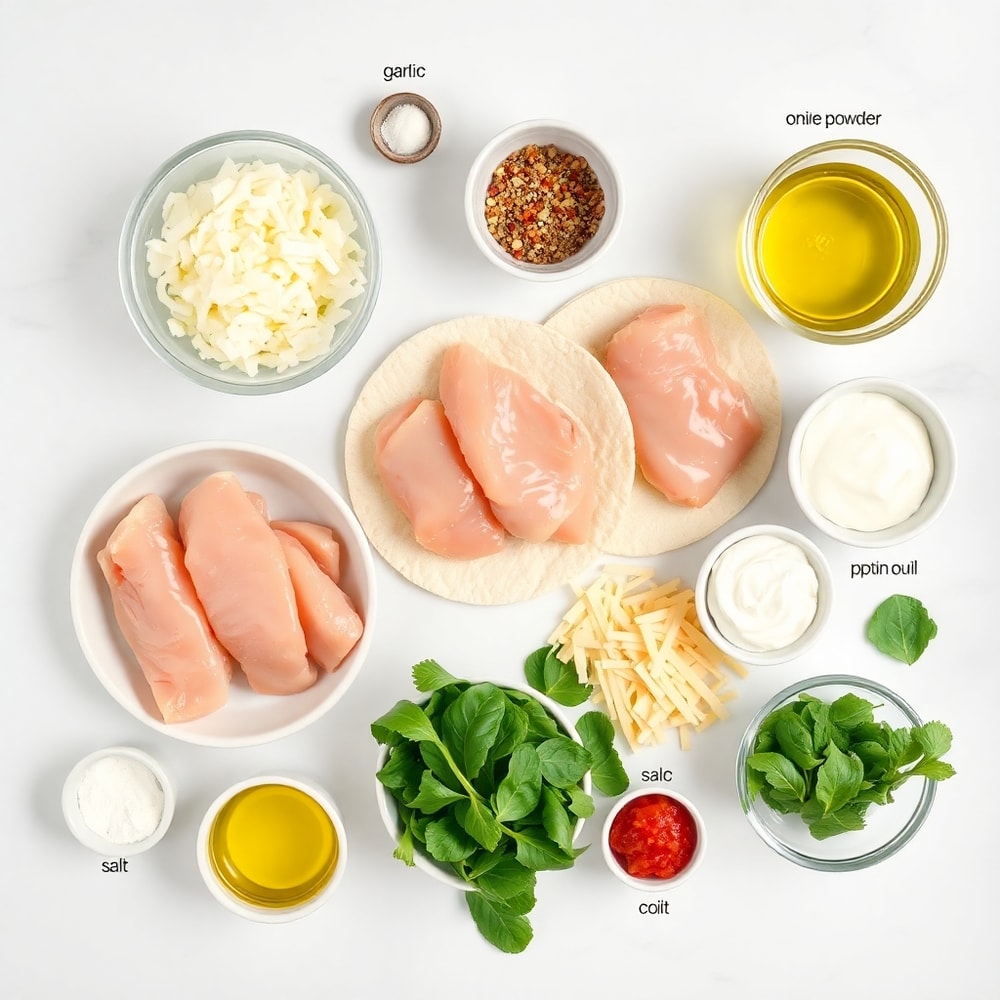 Raw ingredients for cheesy garlic chicken wraps: chicken breasts, tortillas, garlic, cheese, spinach, and other seasonings laid out on a wooden surface