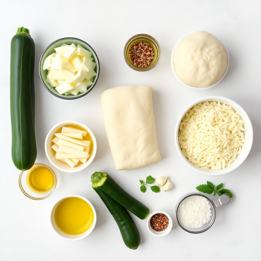 Raw ingredients for Cheesy Zucchini Breadsticks on a marble surface