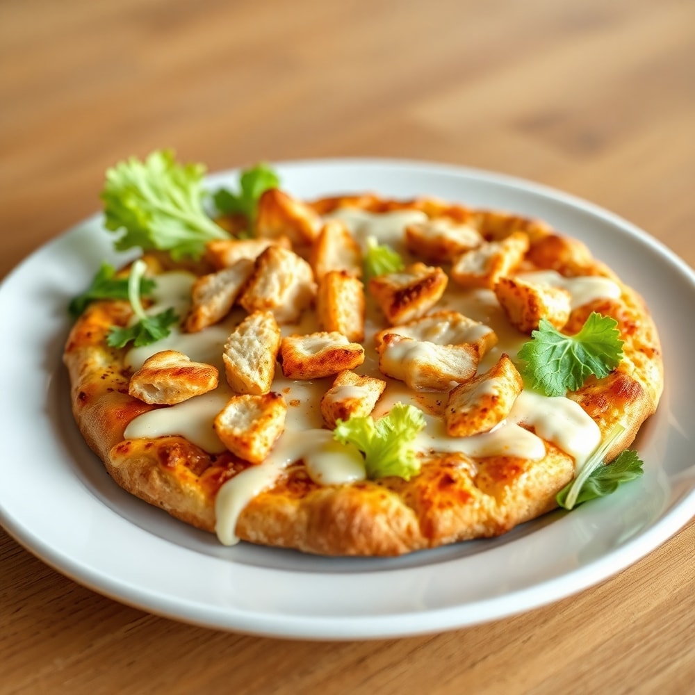 Chicken Caesar Salad Pizza on a white plate with a fork