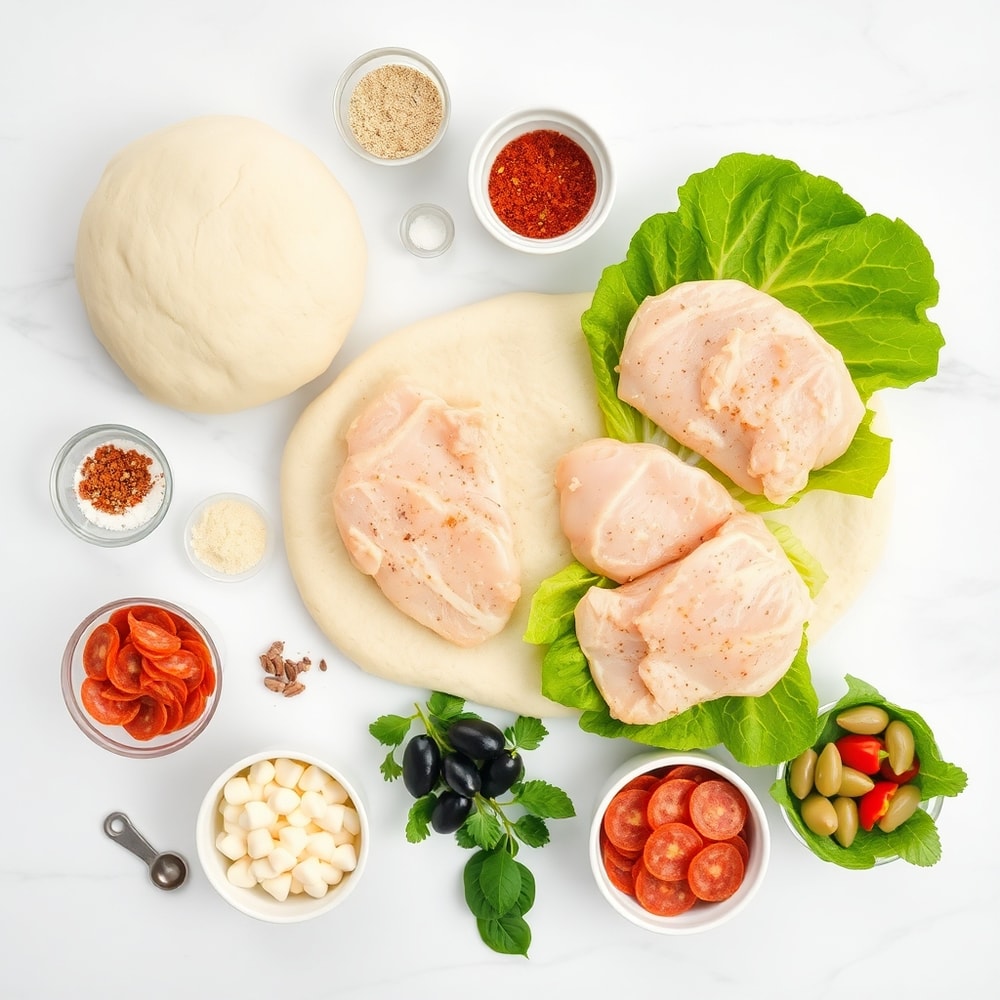 Flat lay of Chicken Caesar Salad Pizza ingredients on a marble surface