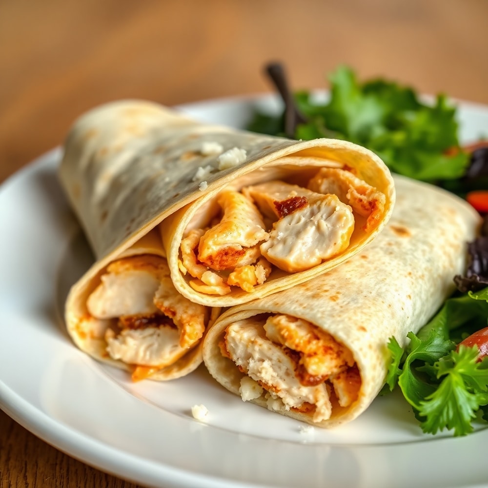 A plated serving of chicken caesar wraps with a side of mixed greens