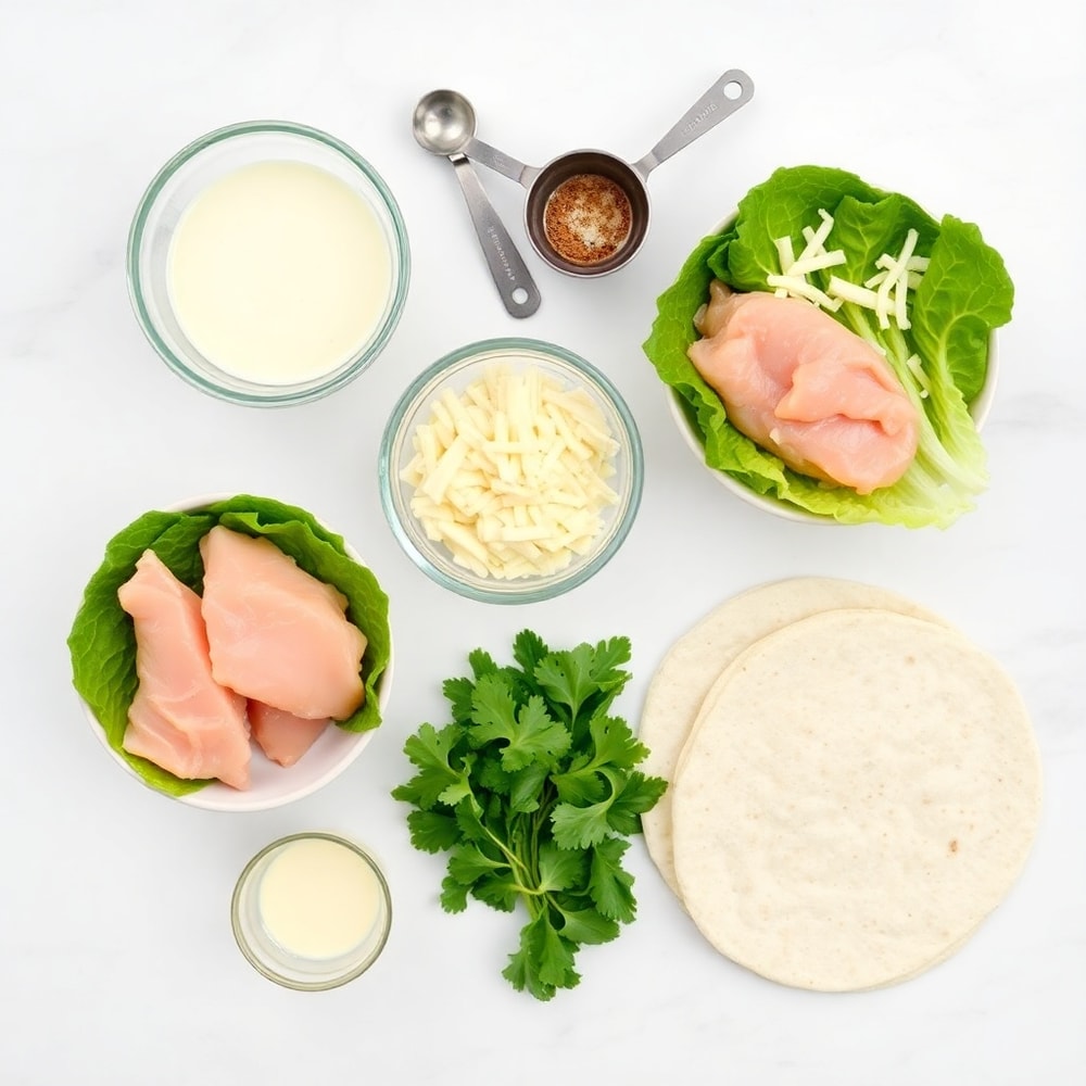 Raw ingredients for chicken caesar wraps arranged on a marble surface