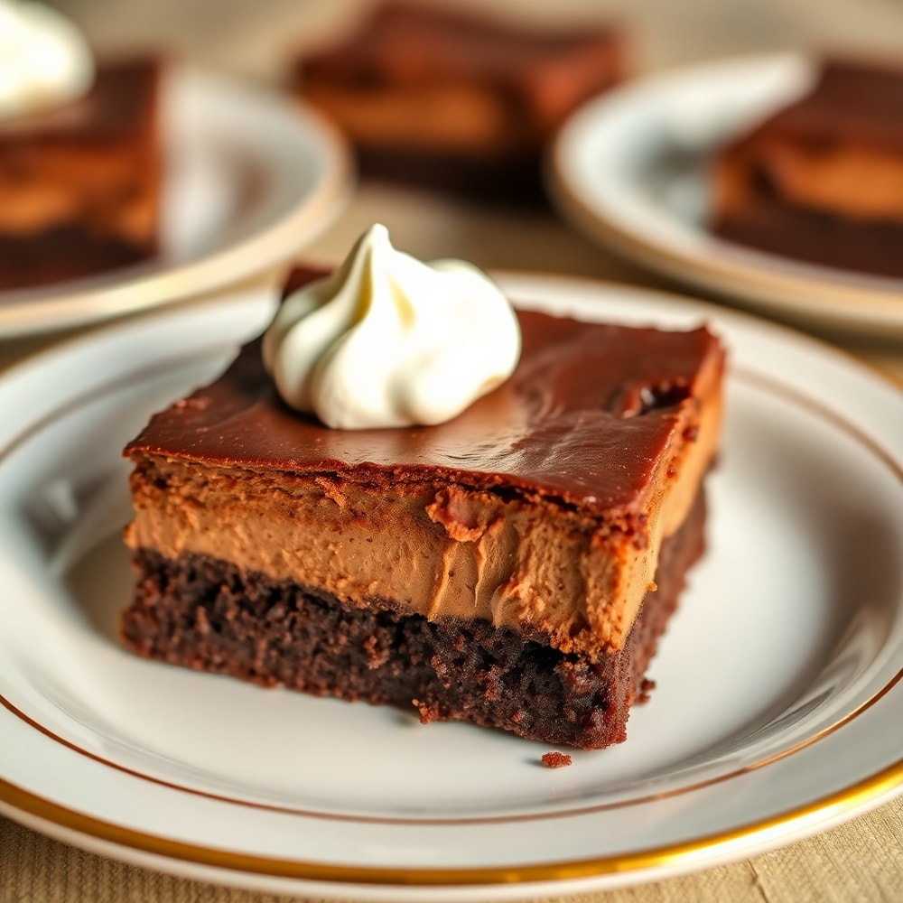 Chocolate Mousse Brownies plated with a dollop of whipped cream
