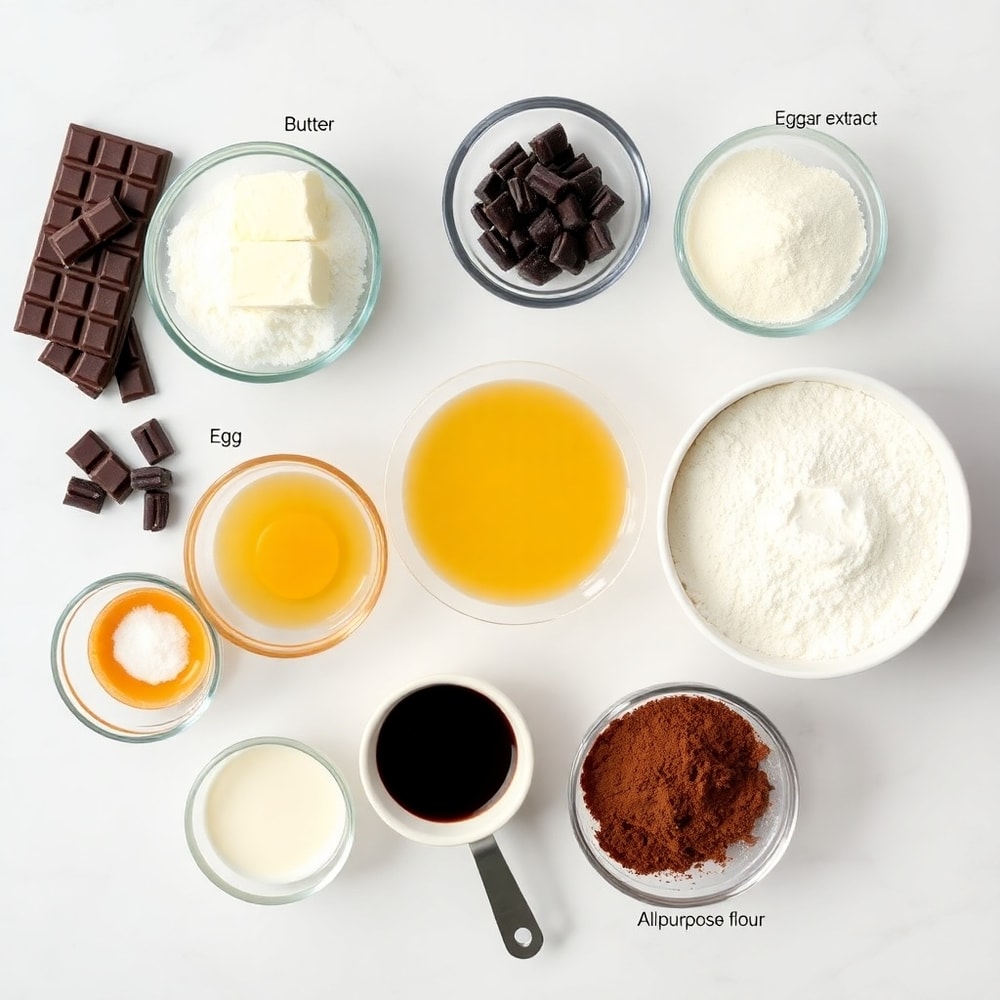 Raw ingredients for Chocolate Mousse Brownies including chocolate, butter, eggs, and heavy cream