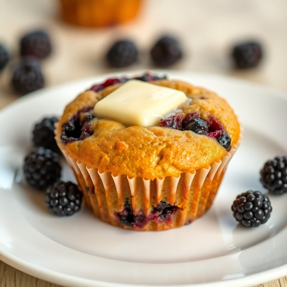 Plated blackberry muffin with a pat of butter melting on top