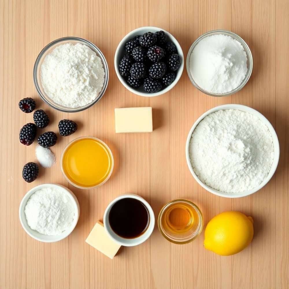 Flat lay of blackberries, flour, sugar, and other ingredients on a wooden surface