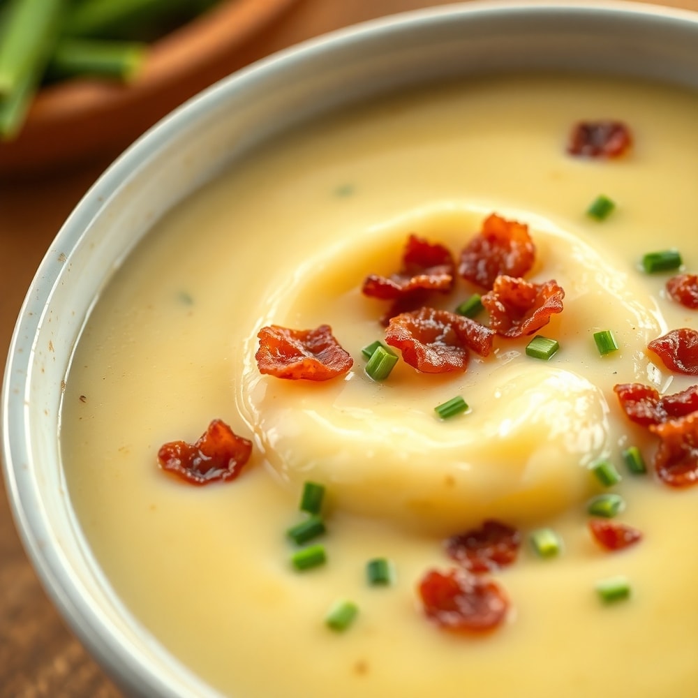 Bowl of creamy baked potato soup with crispy bacon and chives