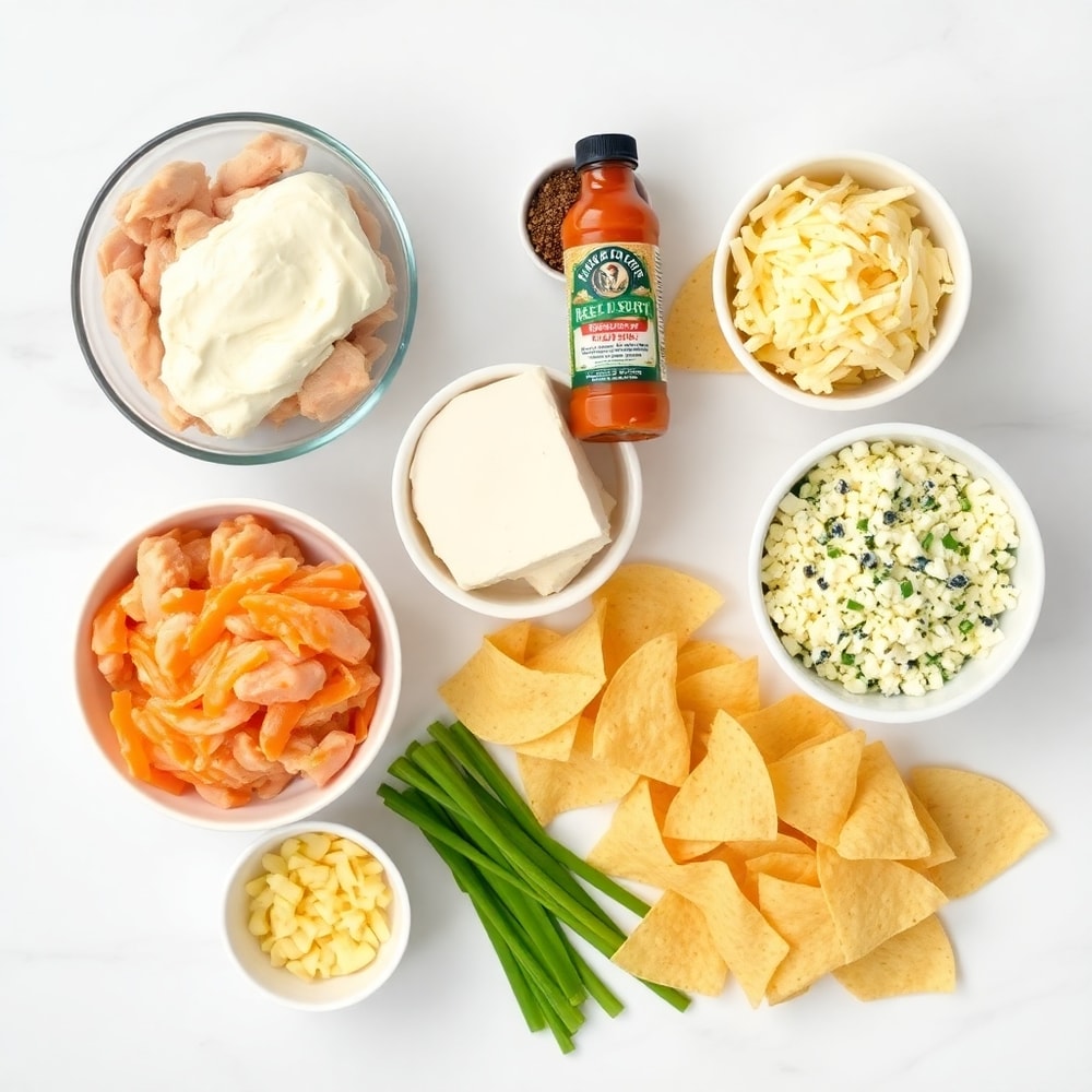 Raw ingredients for creamy buffalo chicken dip