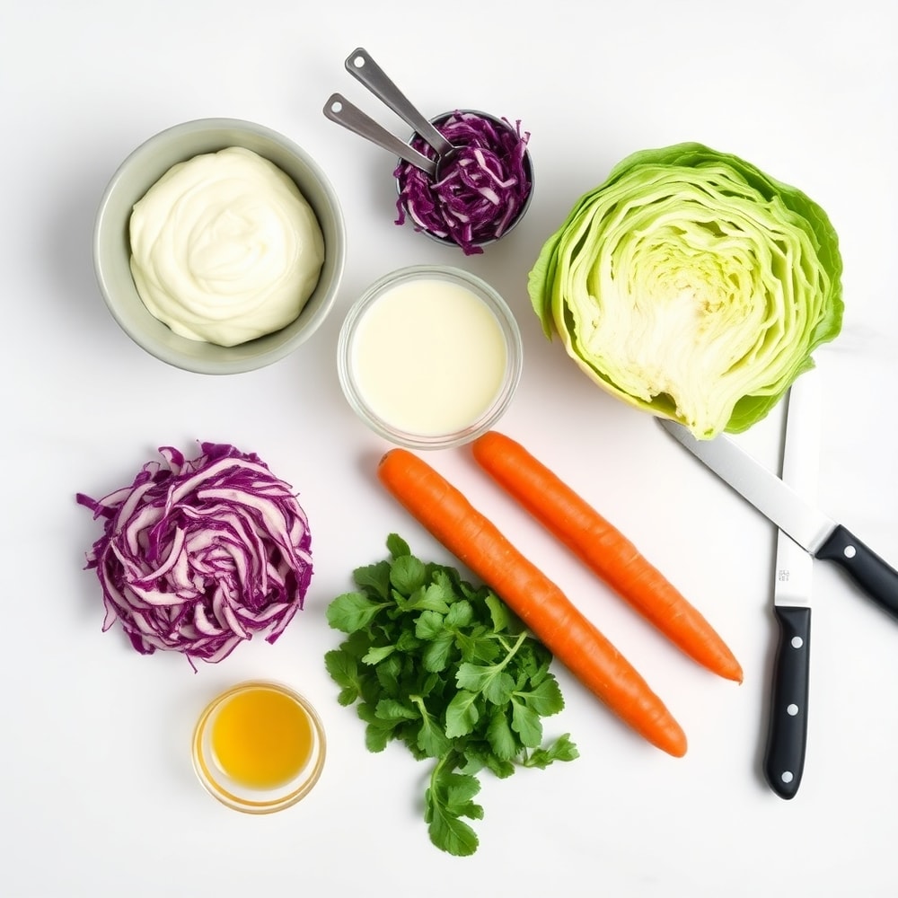 Raw ingredients for creamy coleslaw with apple cider vinegar dressing