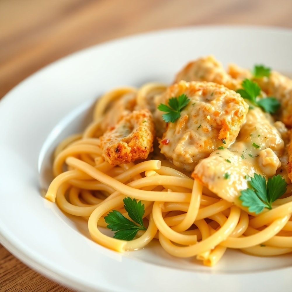 Plated creamy crack chicken pasta with parsley garnish