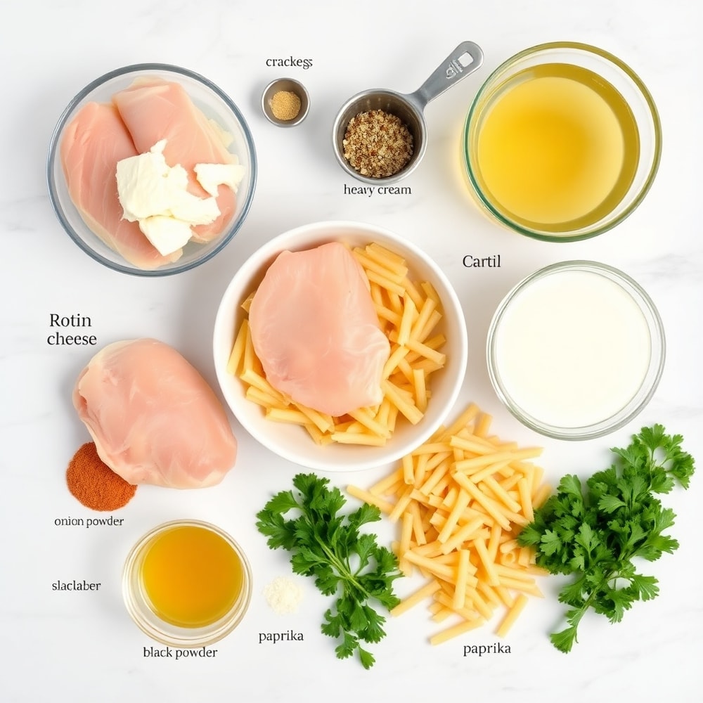 Raw ingredients for creamy crack chicken pasta on a marble surface