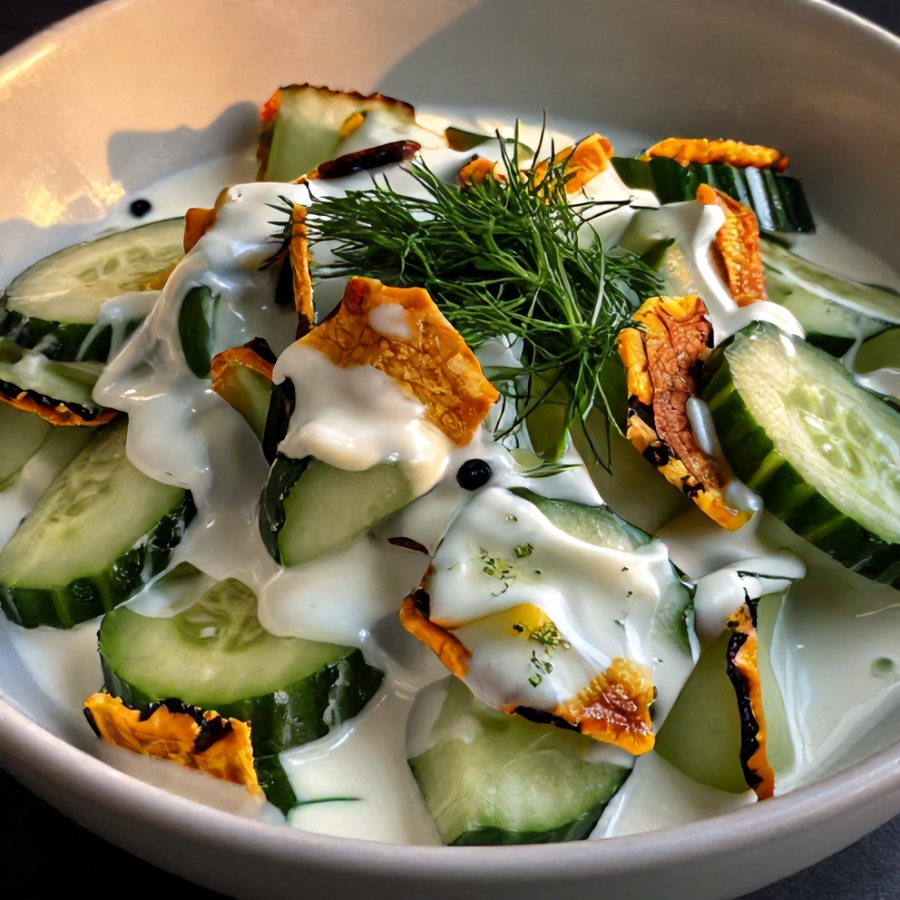 Plated creamy cucumber salad with crispy cucumbers and a creamy dressing