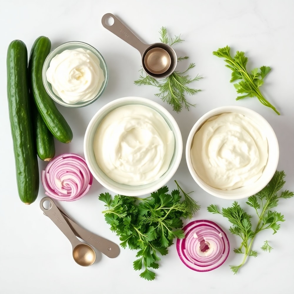 Raw ingredients for creamy cucumber salad including cucumbers, sour cream, and dill