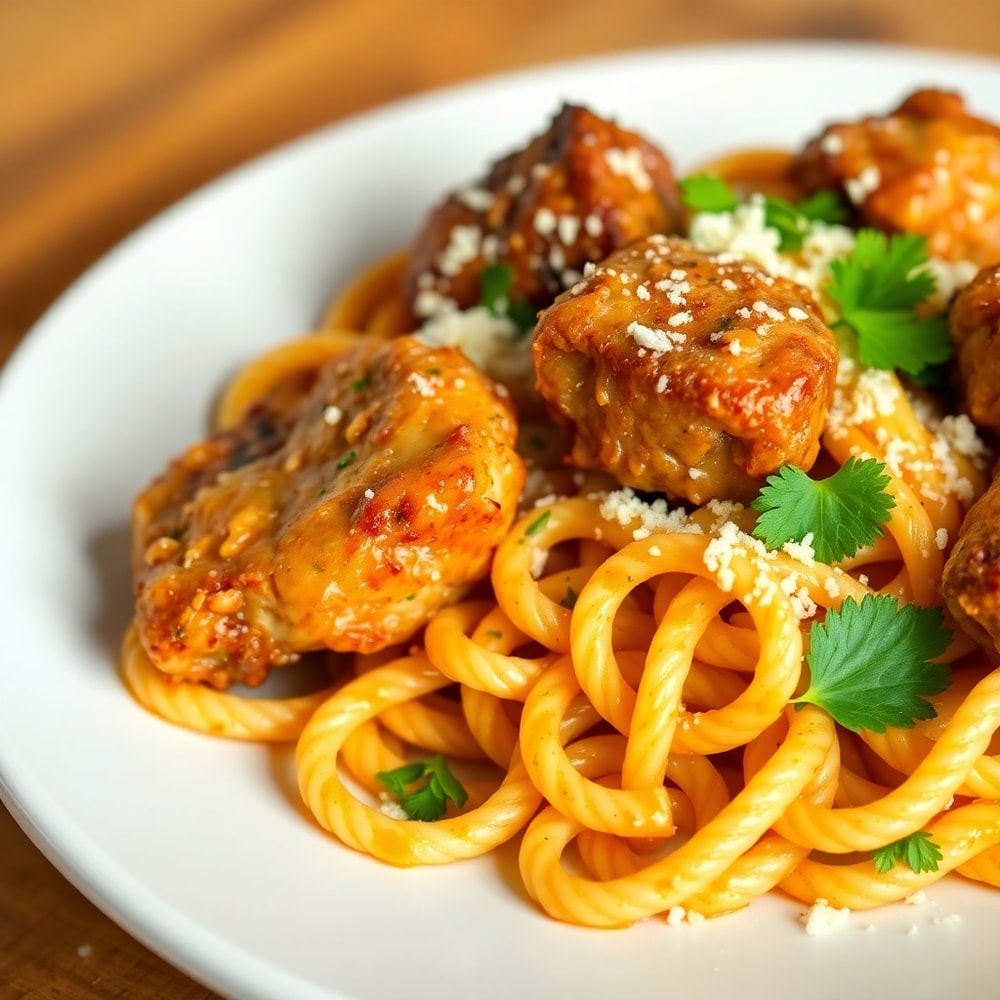 Plated Creamy Garlic Butter Steak Bites with Spicy Cajun Alfredo Twisted Pasta