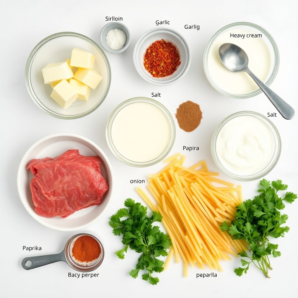 Raw ingredients for Creamy Garlic Butter Steak Bites with Spicy Cajun Alfredo Twisted Pasta
