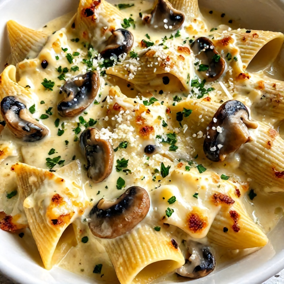 Plated Creamy Garlic Mushroom Stuffed Shells dinner