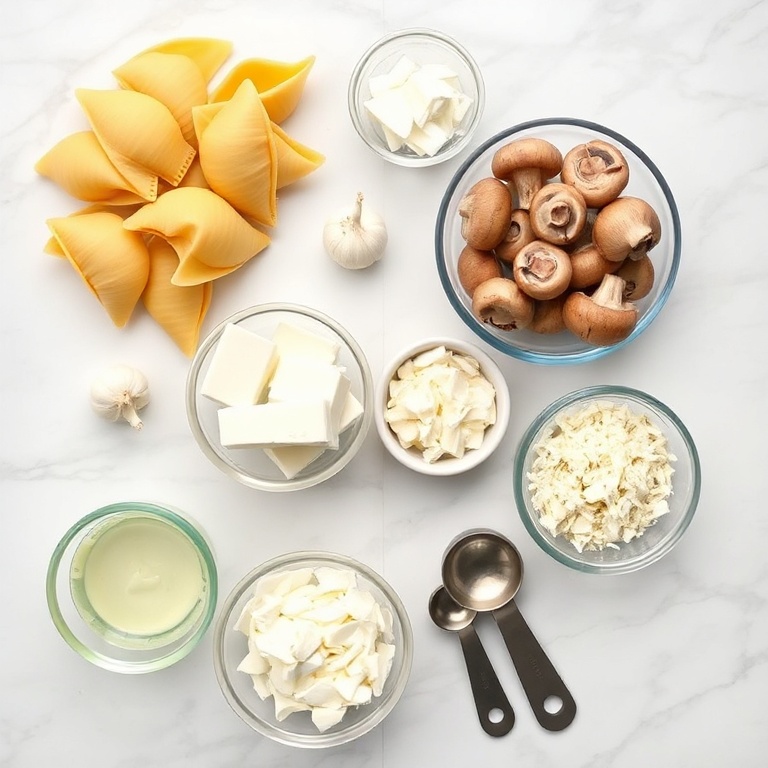Raw ingredients for Creamy Garlic Mushroom Stuffed Shells