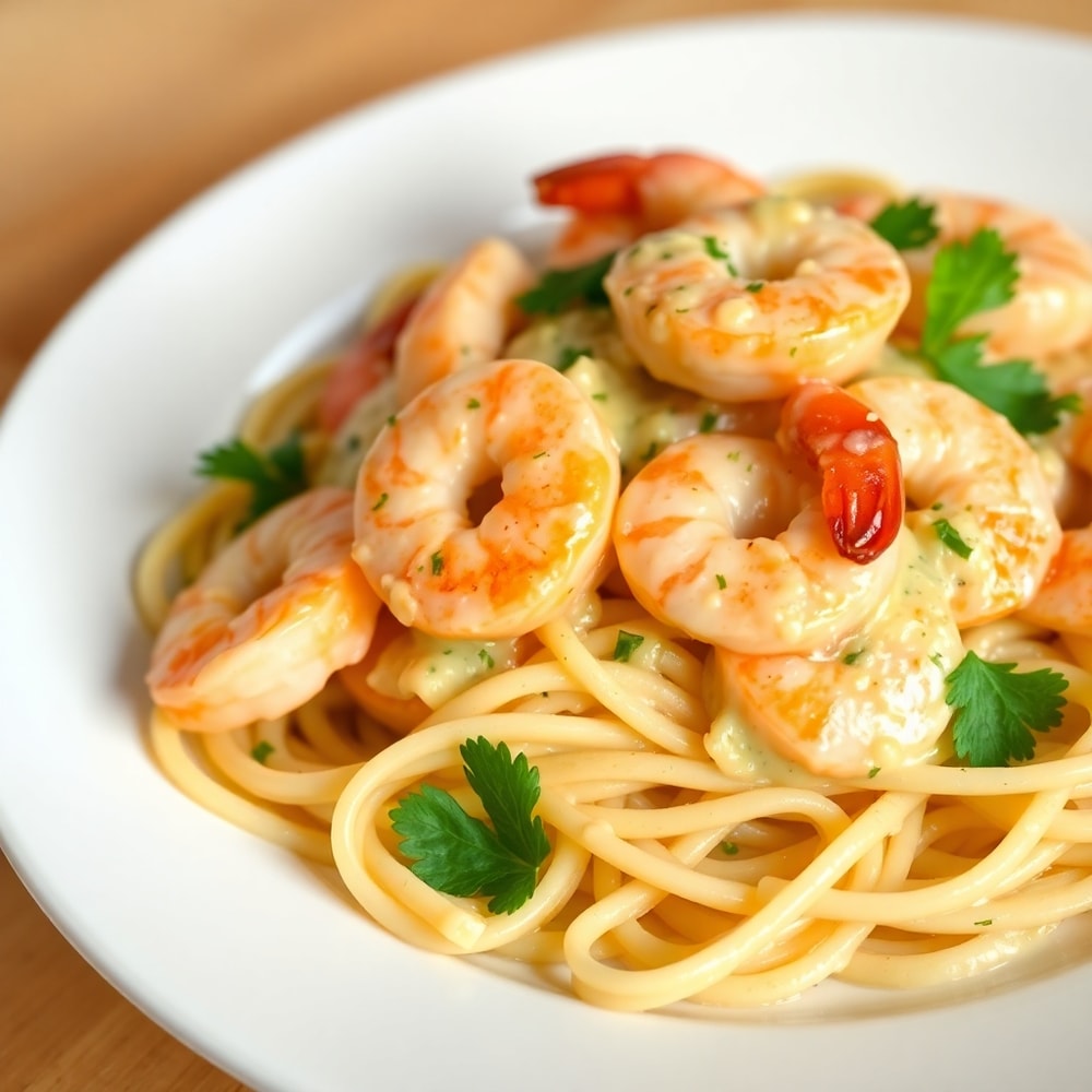 Plated creamy garlic shrimp on pasta