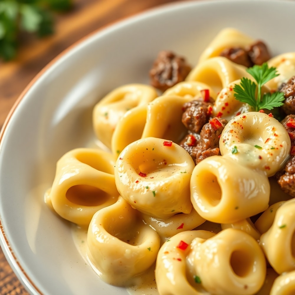 Plated Creamy Garlic Steak Tortellini