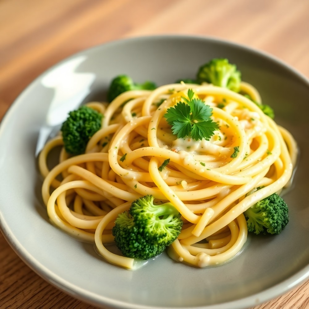 Plated Creamy Mafaldine Pasta Limone with Broccoli