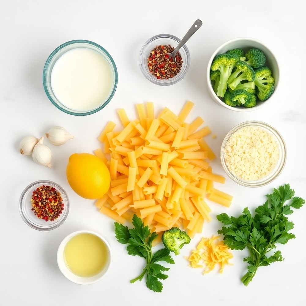 Raw ingredients for Creamy Mafaldine Pasta Limone with Broccoli