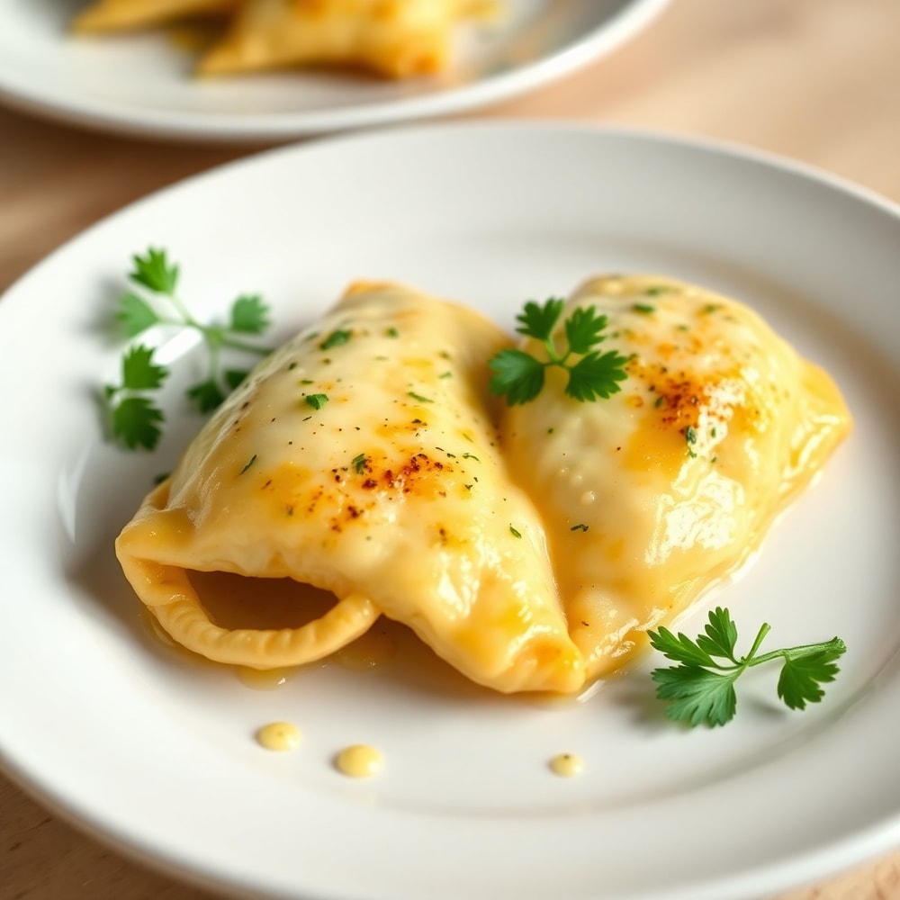 Plated serving of creamy mozzarella garlic butter chicken bowties on a white plate, garnished with fresh parsley, warm side lighting