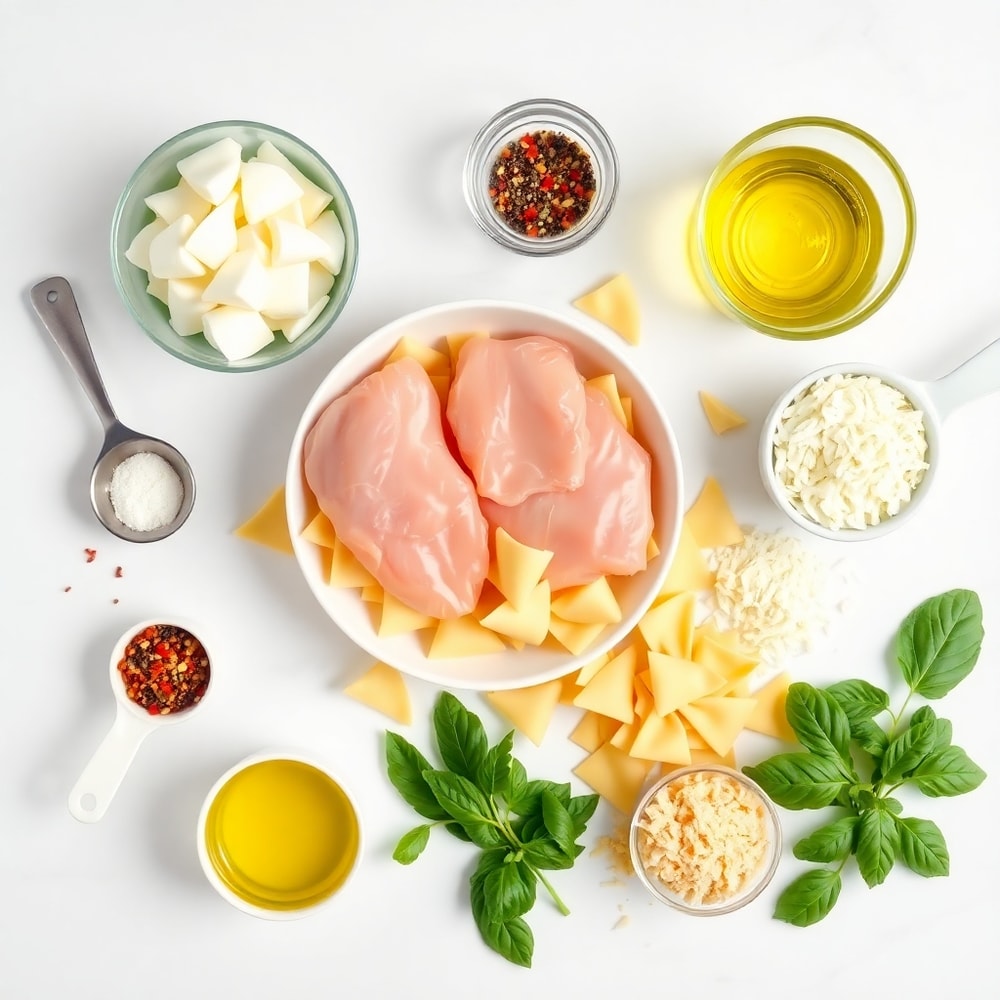 Raw ingredients for creamy mozzarella garlic butter chicken bowties on a white marble surface, bright natural light