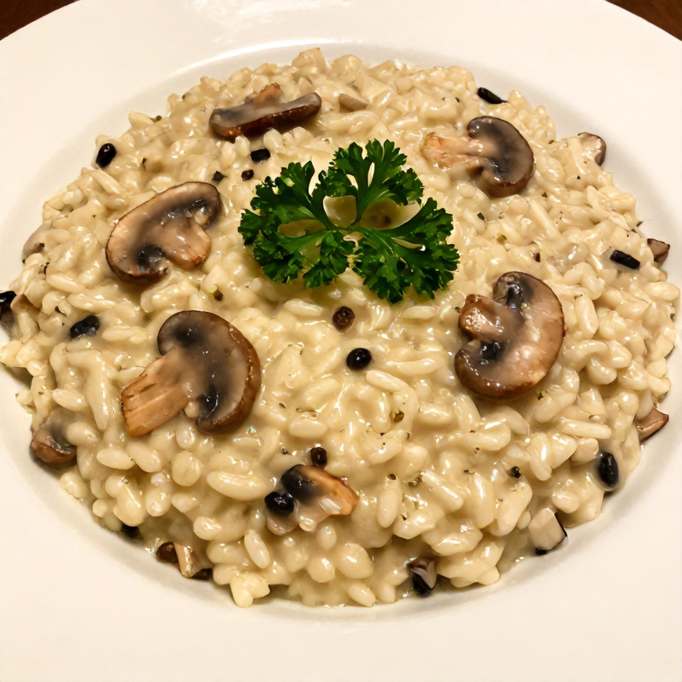 Plated Creamy Mushroom Risotto with parsley garnish