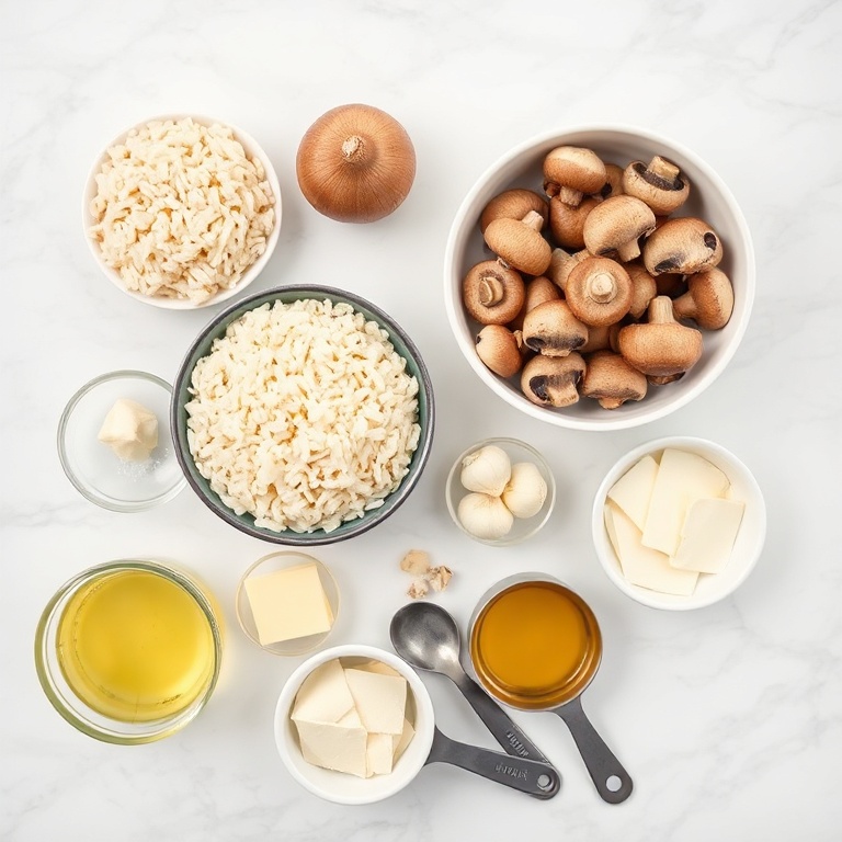 Raw ingredients for Creamy Mushroom Risotto on a marble surface