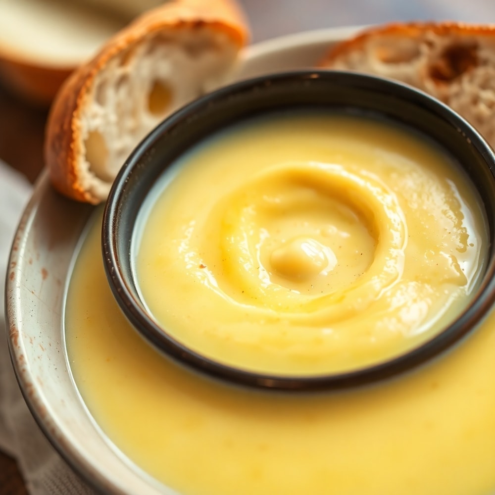 Bowl of creamy potato soup with a side of crusty bread