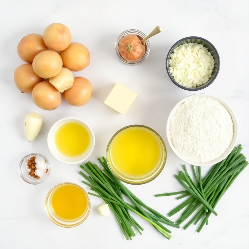 Ingredients for creamy potato soup including potatoes, onion, garlic, butter, flour, milk, chicken broth, salt, pepper, and chives