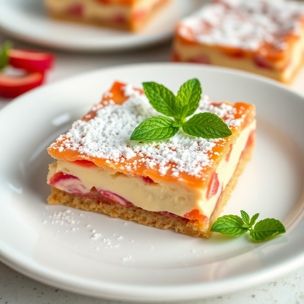 Perfectly baked Creamy Rhubarb Bars on a serving plate