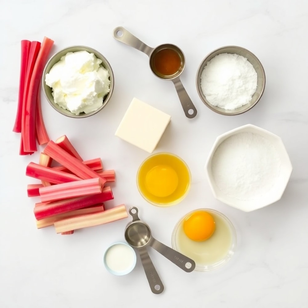 Raw ingredients for Creamy Rhubarb Bars including rhubarb, cream cheese, and sugar